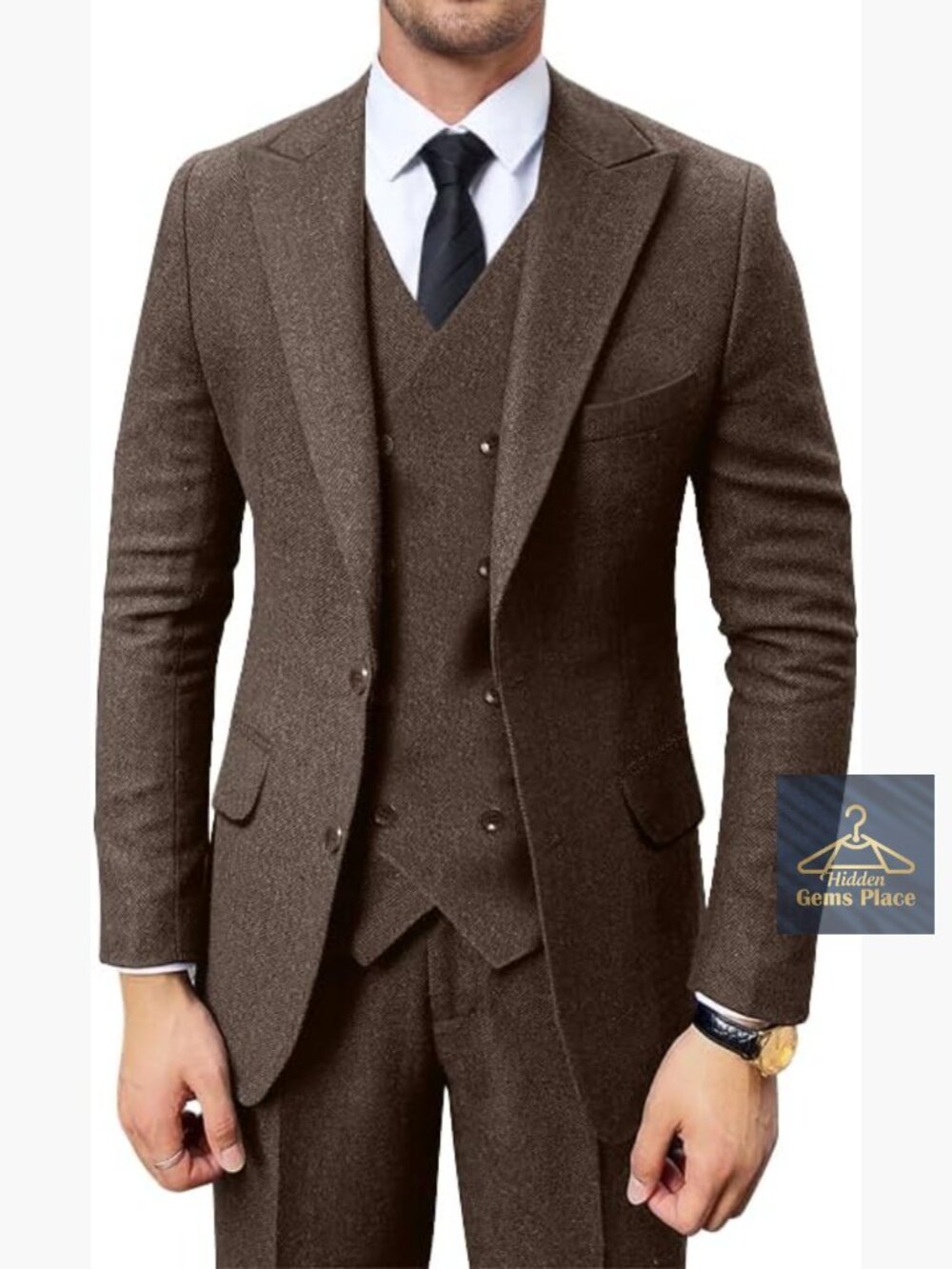 3 Piece Herringbone Tweed Suit Set - Jacket Vest Pants for Wedding Prom